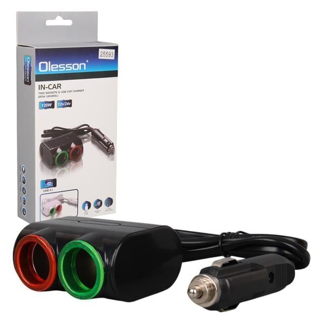 Olesson 1631 12-24V Tek USB Girişli 120W 80cm Kablolu 2'LI Araç Çakmak Çoklayıcı