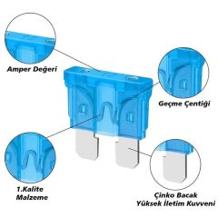 PowerMaster 15 Amper Aşırı Yük ve Kısa Devre Koruma Bıçaklı Oto Sigortası (100lü Paket)