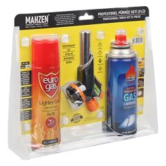Mahzen Profesyonel 3'lü Pürmüz Başlığı Seti (Butan Propan Gaz Kartuşu 400ML Çakmak + Çakmak Gazı 270ML)