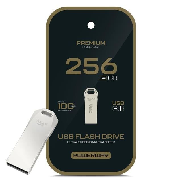 Powerway Premium 256 GB 100MB/S Ultra Hızlı USB 3.1 Metal Silver Flash Bellek