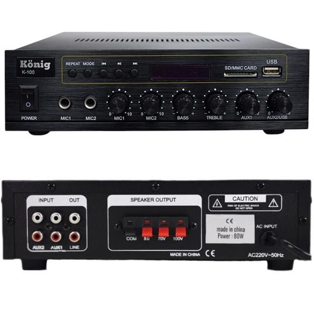 König K-100 USB-SD-Bluetooth Destekli 2 Mik. Giriş 8 Ohm 100/70v 80 Watt Trafolu Anfi
